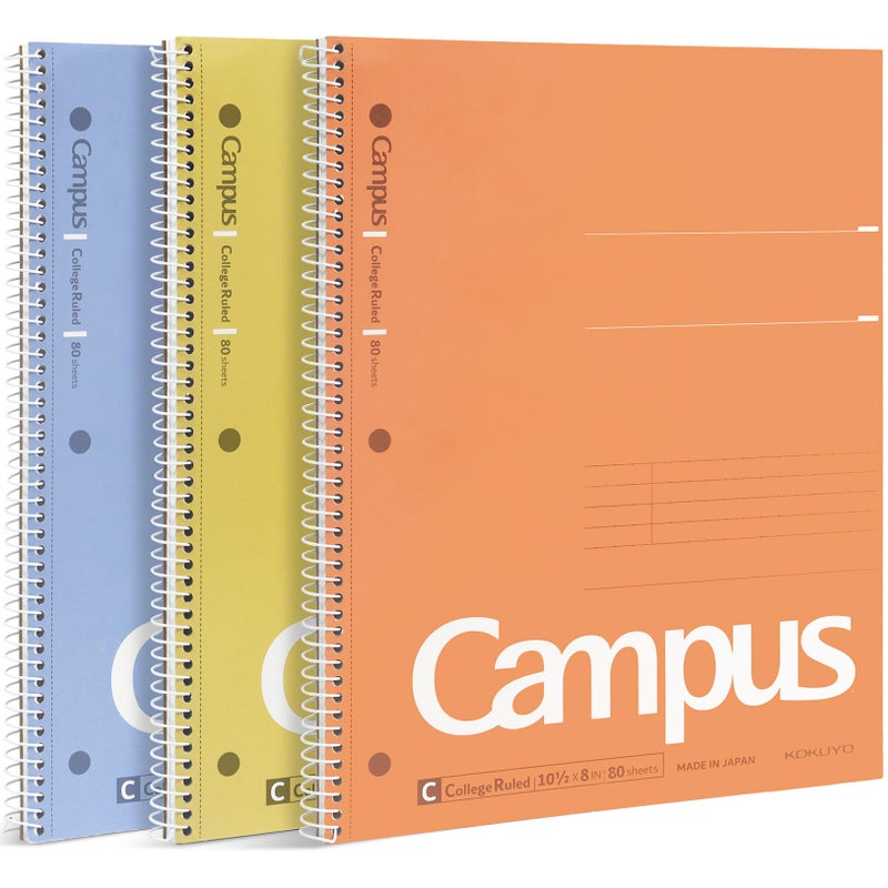 KOKUYO Spiral Notebook, 3 Pack Campus 10-1/2"" x 8"" Subject Notebooks with College Ruled, 80 Sheets, 3 Holes School Spiral Journal for Work Study Note Taking (Yellow, Orange, Purple) - Image 1